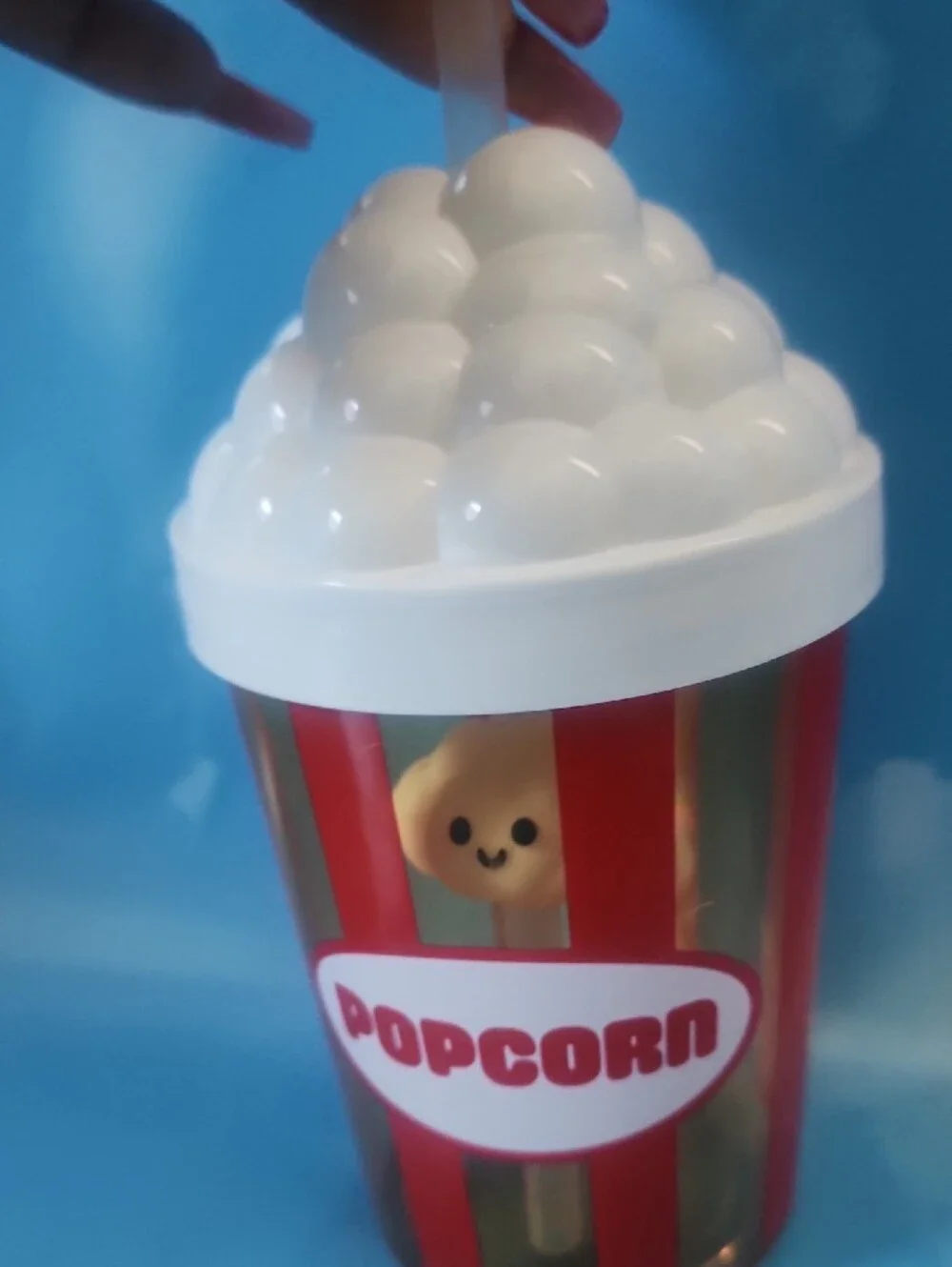 Popcorn-Themed Reusable Party Cup with White Lid and Red Stripes